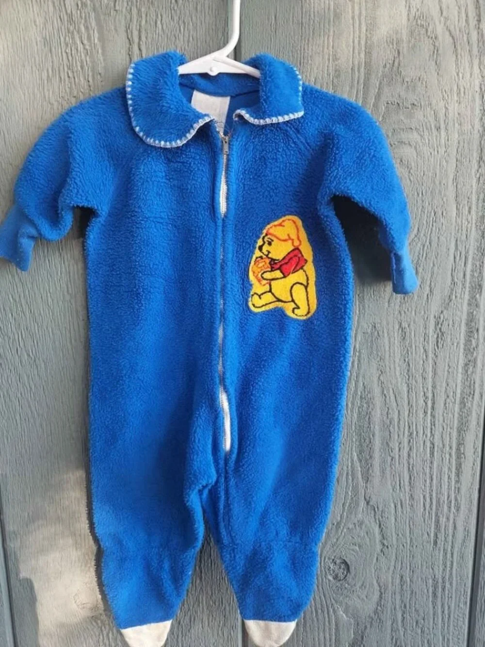 Vintage 70s Baby Boys 6-9 Months Disney Winnie The Pooh Blue Fleece Zip Sleeper